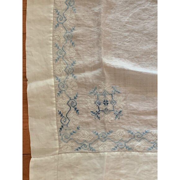 Vintage Linen Tablecloth with Blue Embroidery 35x36 - Picture 2 of 6